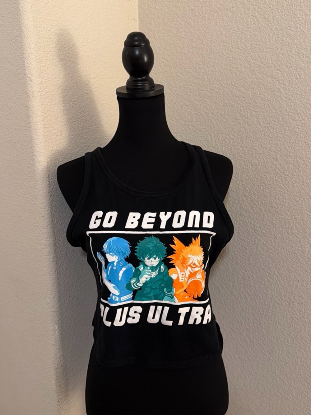 Hot Topic Black Crop Tank with Blue Green Orange Anime Graphic